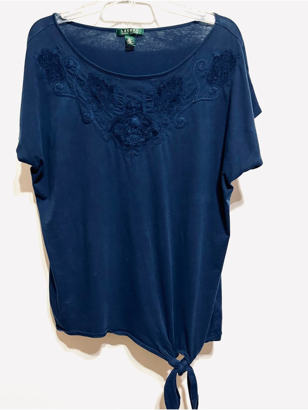 Ralph Lauren Navy Short-Sleeve Embroidered Tie-Front Tee